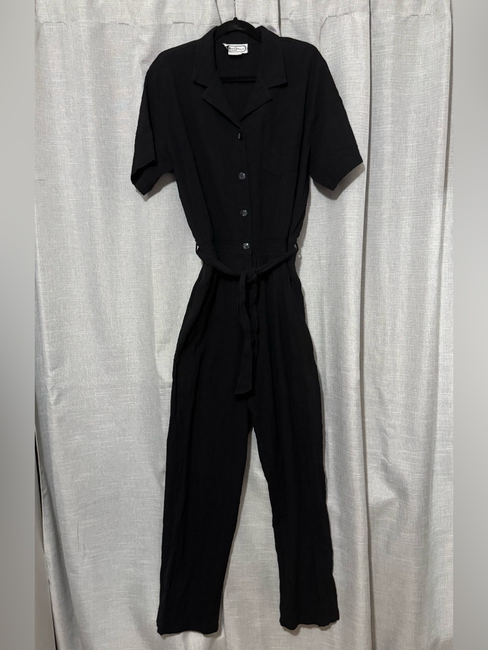 Vintage Saint Germain Jumpsuit-Sz XL-Black-Short-sleeve-Button Front-Waist Tie